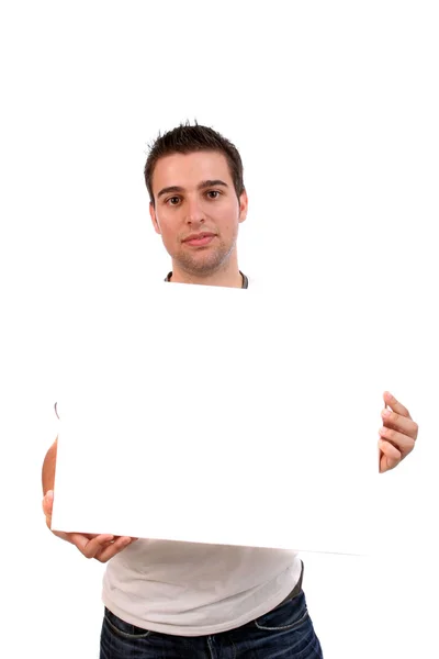 Бізнесмен з порожньою білою карткою — стокове фото