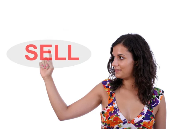 Beautiful woman pressing the sell key — Stock Photo, Image