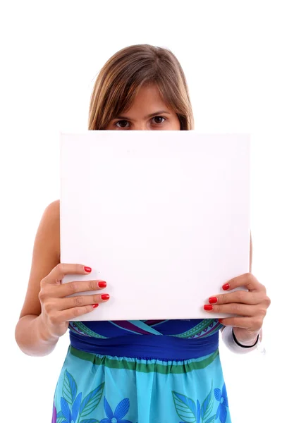 Young business woman holding white card — Stock Photo, Image