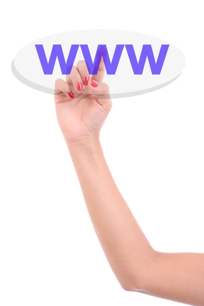 Dedo da mulher pressionando a chave WWW — Fotografia de Stock