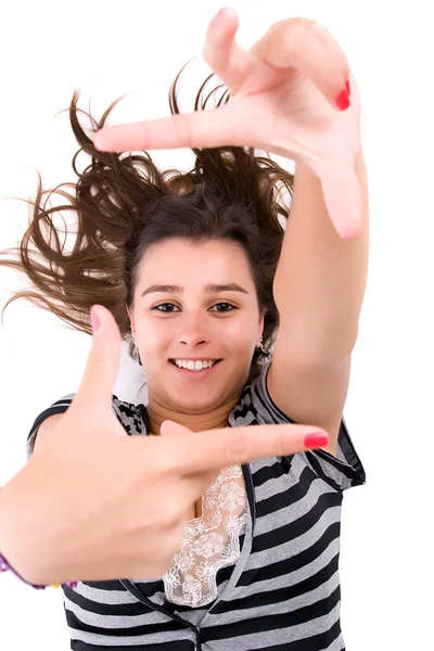 Junge Frau zeigt rahmende Handgeste — Stockfoto
