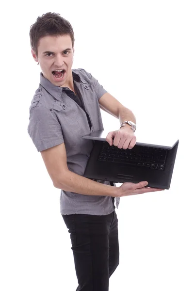 Giovane ragazzo che presenta nuovo computer portatile — Foto Stock