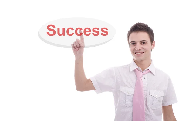 Uomo d'affari premendo il tasto di successo — Foto Stock