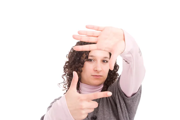 Młoda kobieta Wyświetlono oprawy dłoń ruch ręka — Zdjęcie stockowe