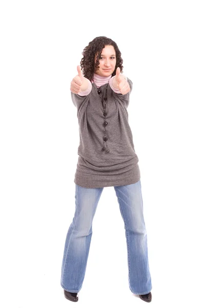 Gelukkig vrouw tonen duimen omhoog — Stockfoto