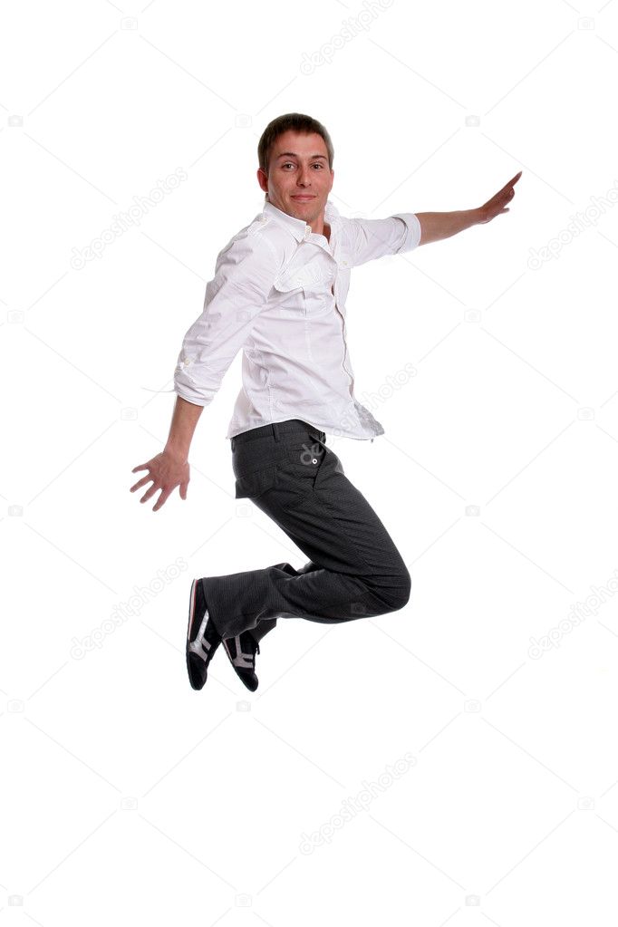 Young casual man jumping