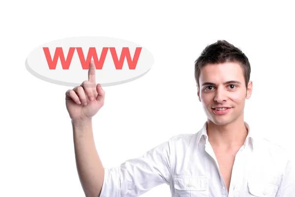 Young business man presses the www key — Stock Photo, Image