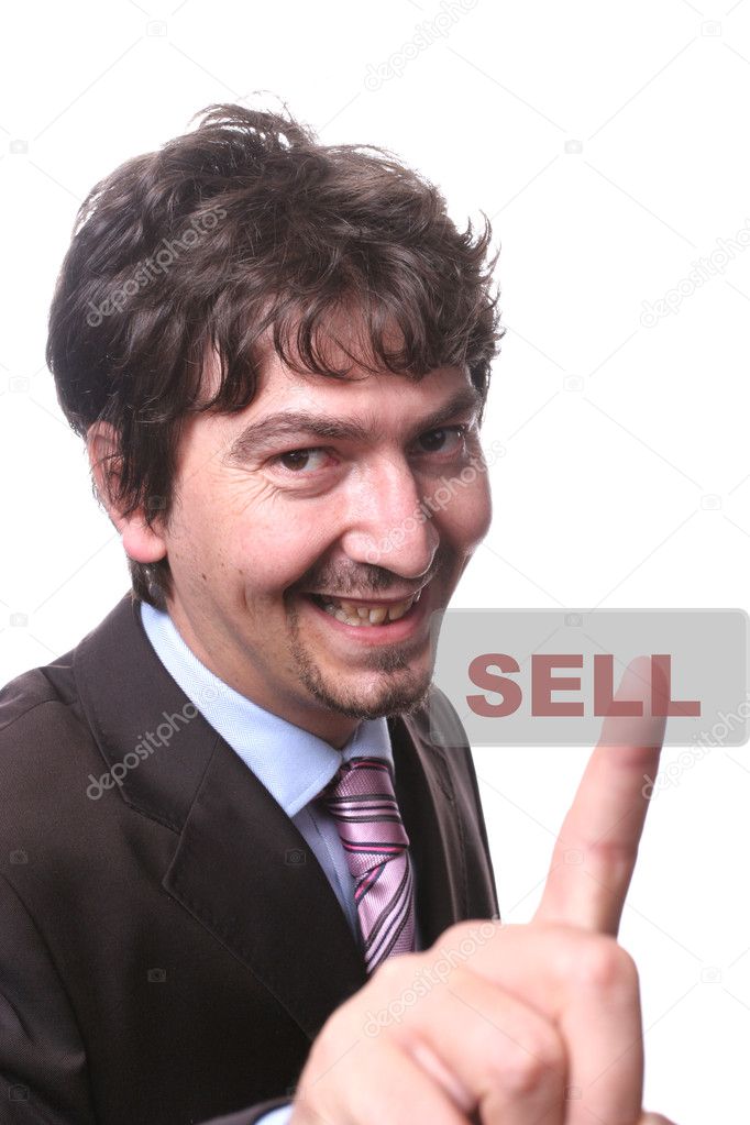 Business man presses the sell button