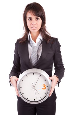 Business woman holding a clock clipart