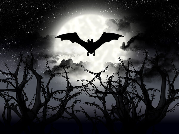Flight bat on background of the full moon