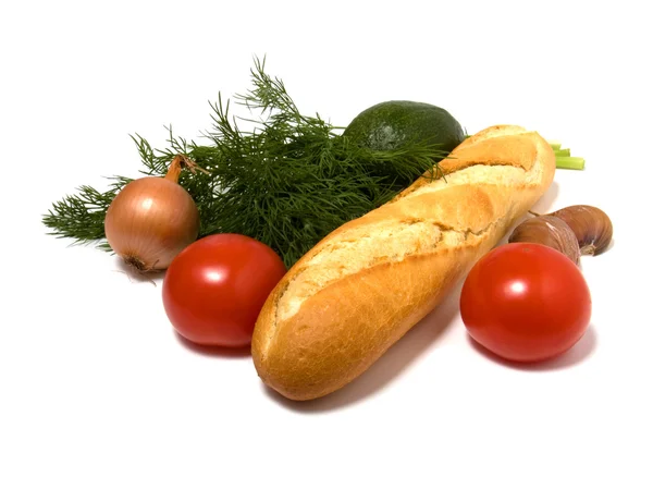 Sebze ve ekmek üzerine beyaz izole — Stok fotoğraf