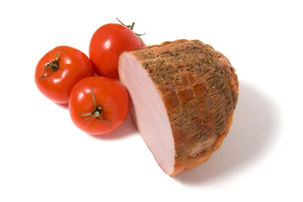 Tütsülenmiş jambon ve domates izole — Stok fotoğraf