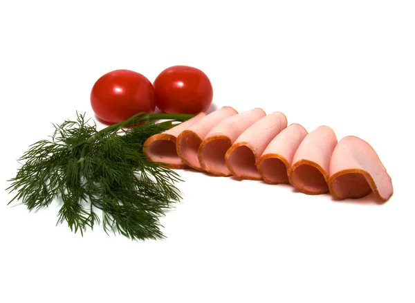 Tomat och kött skivor isolerad på vit — Stockfoto
