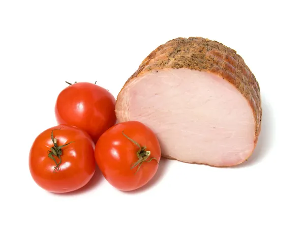 Smoked ham and tomato isolated on white backgro — Stock Photo, Image