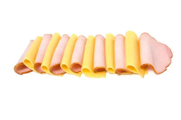 Rodajas de carne y queso aisladas sobre blanco —  Fotos de Stock