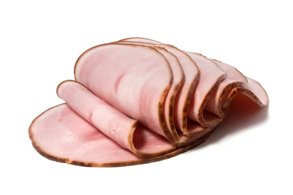 Carne fumada fatiada isolada sobre fundo branco — Fotografia de Stock