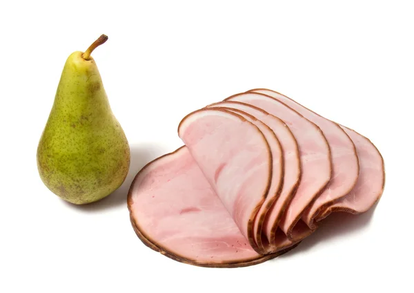 Singlde pear and smoked meat slices isolated on — Stock Photo, Image