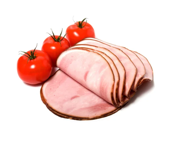Carne fumada fatiada isolada sobre fundo branco — Fotografia de Stock