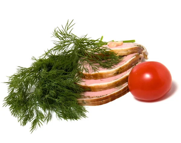 Grönsaker och skinka isolerad på vit — Stockfoto