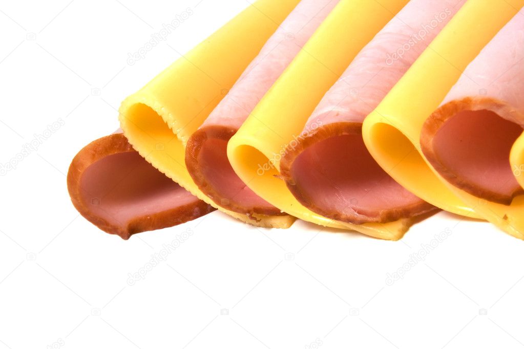 Meat and cheese slices isolated on white