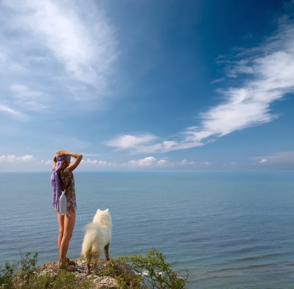 Girl and dog standing on precipice — Stock Photo, Image