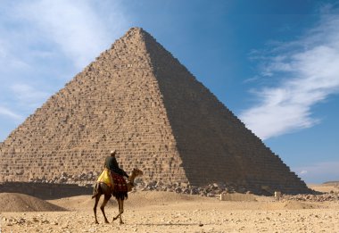 Bedouin on camel near of great pyramid clipart