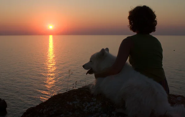 Ragazza e cane guardando al tramonto — Foto Stock