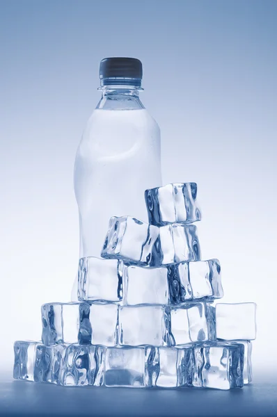 Cubes de glace et bouteille d'eau minérale — Photo