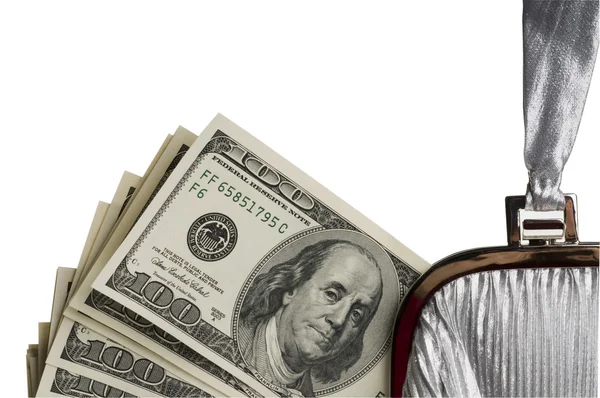 Dollar bills in a women bag. — Stock Photo, Image