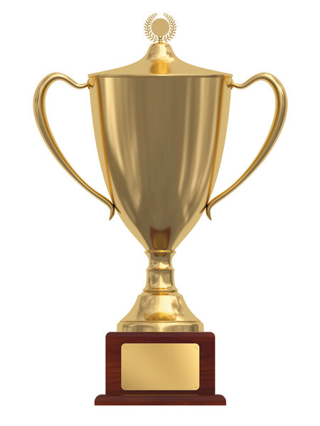 Gold trophy cup on wood pedestal
