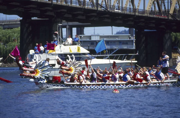 Dragon Boats race finish Stock Photo