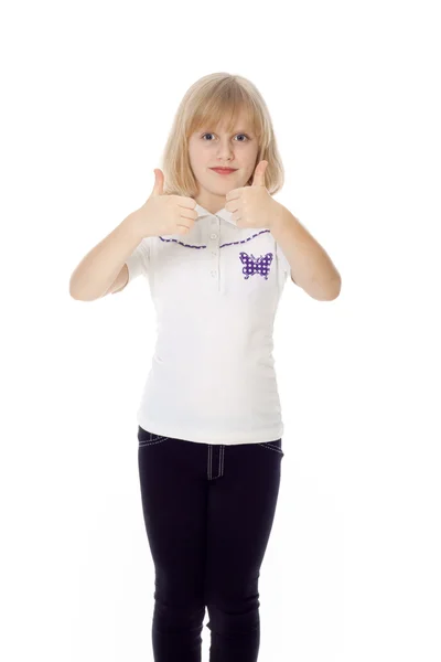Dívka ukazuje ok znamení izolovaných na bílém — Stock fotografie