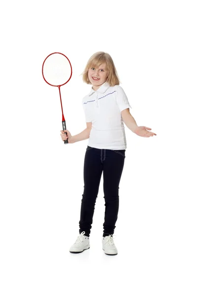Ładna dziewczyna z rakietę tenisową — Zdjęcie stockowe