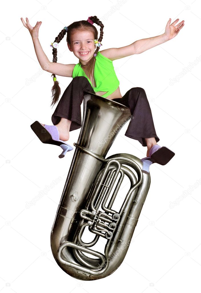 Girl sitting on a musical trumpet