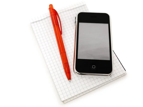 Telefon, anteckningsbok och penna — Stockfoto