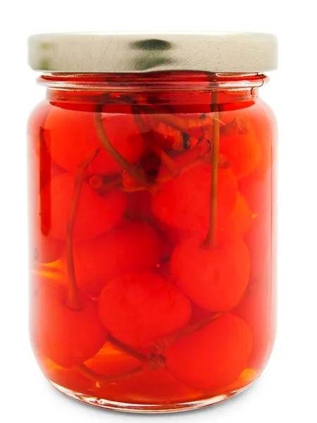 Jar with red cherry — Stock Photo, Image
