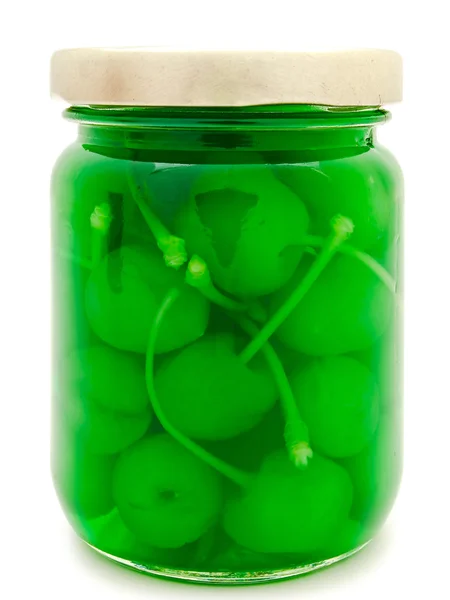 Jar with green cherry — Stock Photo, Image