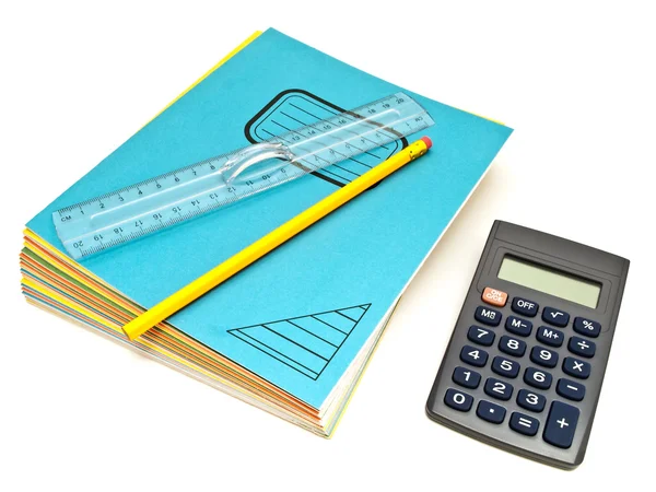 Notebooks stack, ruler and pencil — Stock Photo, Image