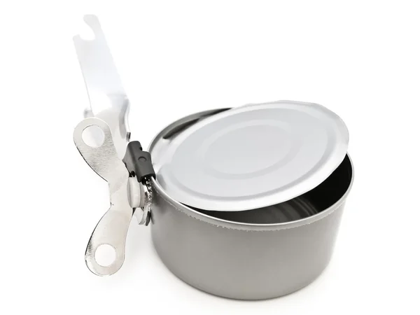 Tin opener and can — Stock Photo, Image