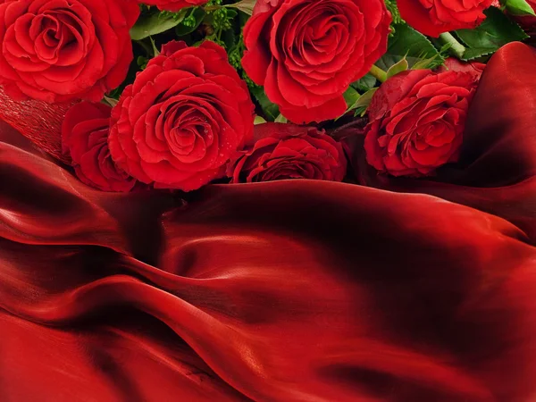 Red roses on vinous fabric — Stock Photo, Image