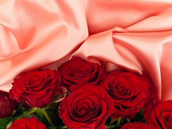 Rote Rosen auf rosa Stoff — Stockfoto