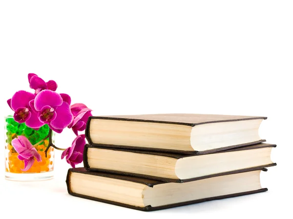 Τρία βιβλία και ροζ ορχιδέα — Φωτογραφία Αρχείου