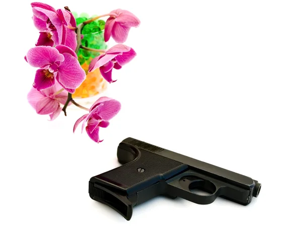 Pink orchid and gun — Stock Photo, Image