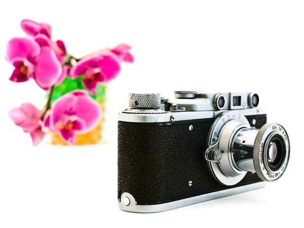 Régi photocamera és rózsaszín orchidea — Stock Fotó