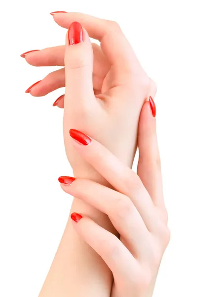 Nő kezet vörös körmök — Stock Fotó