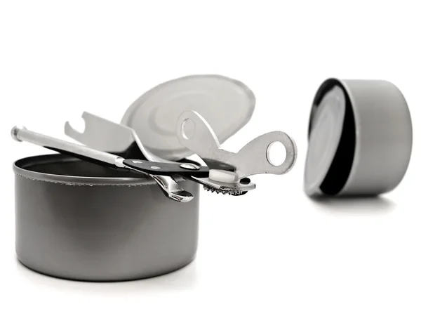 Tins with opener — Stock Photo, Image