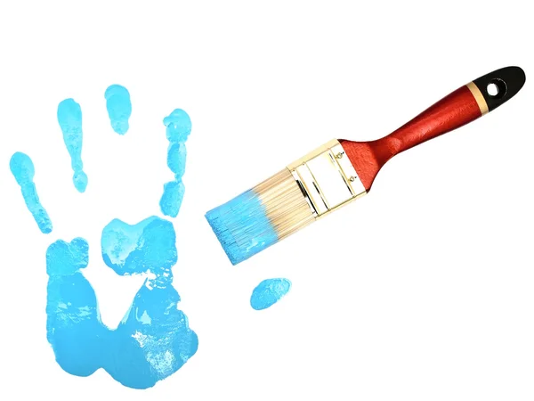 Impressão da mão perto da cerda em azul — Fotografia de Stock
