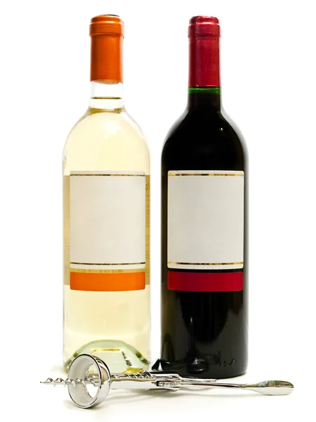 Red and white wine with corkscrew — Stock Photo, Image