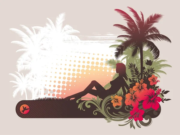Flore tropicale et fille relaxante — Image vectorielle