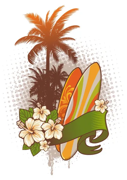 冲浪板、 木槿和棕榈树 — 图库矢量图片